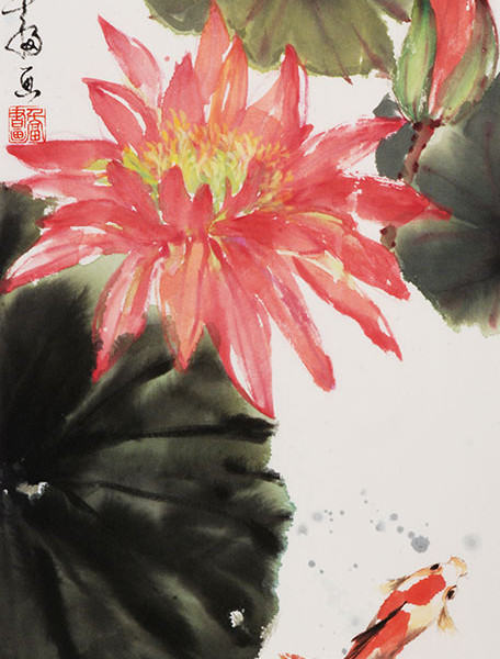 Grace Lin_Chinese Painting_flower_water lily_koi