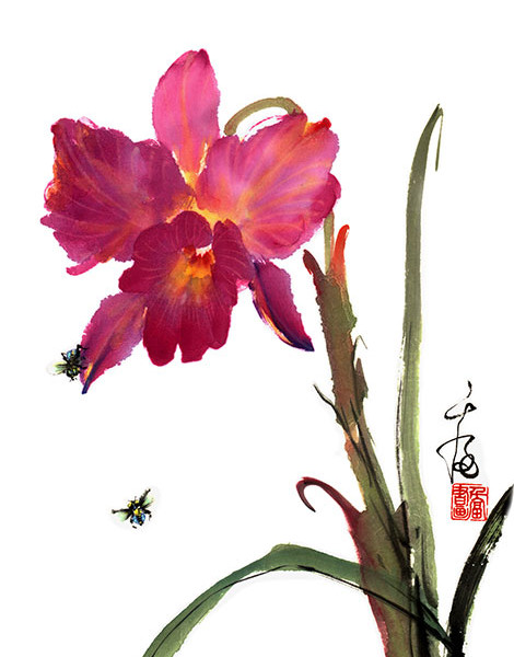 Chinese-Painting_flower_orchid_bees_
